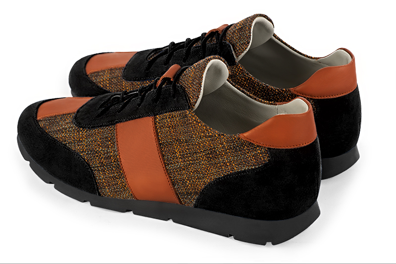 Matt black and terracotta orange two-tone dress sneakers for men. Round toe. Flat rubber soles. Rear view - Florence KOOIJMAN